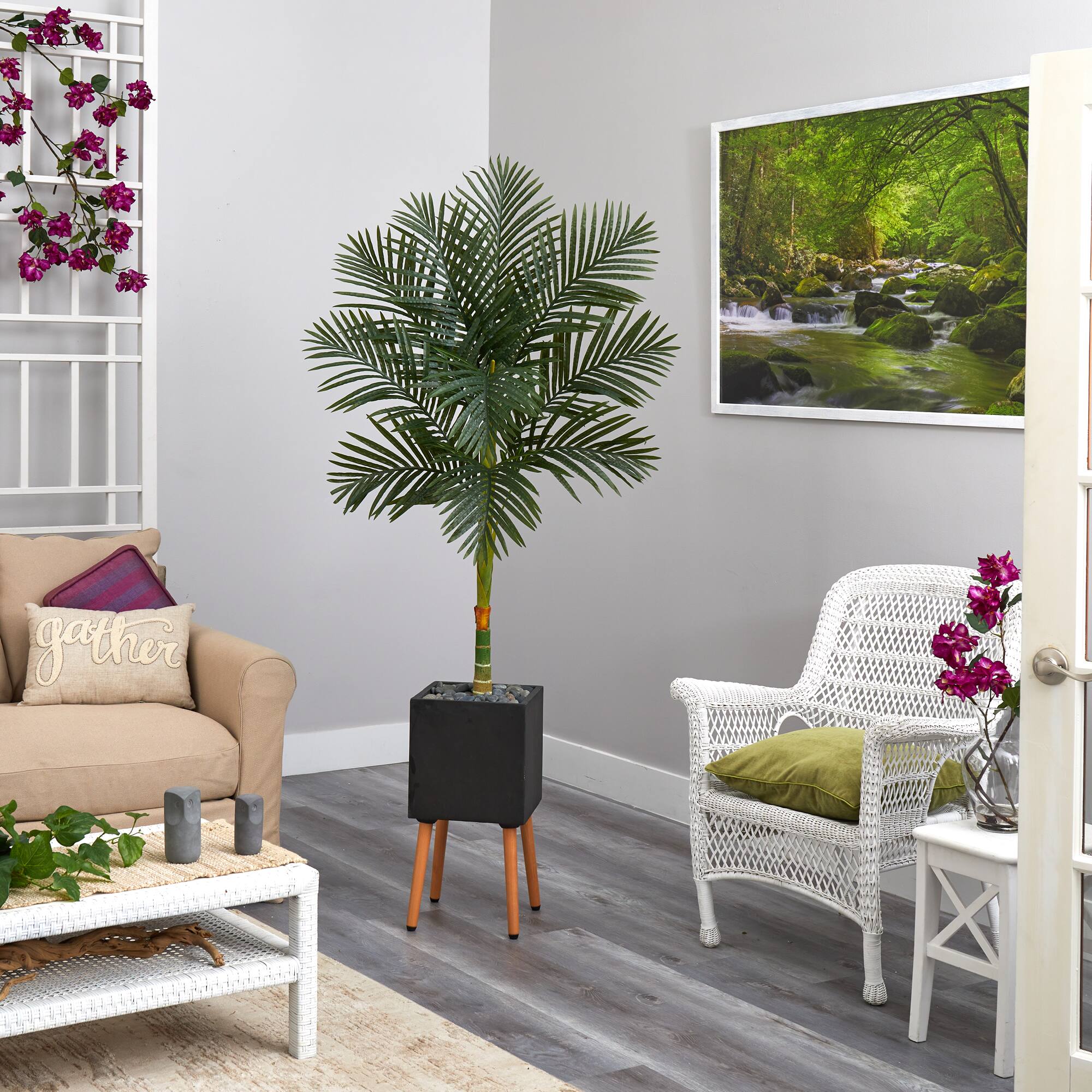 6ft. Golden Cane Palm Tree in Black Planter with Stand
